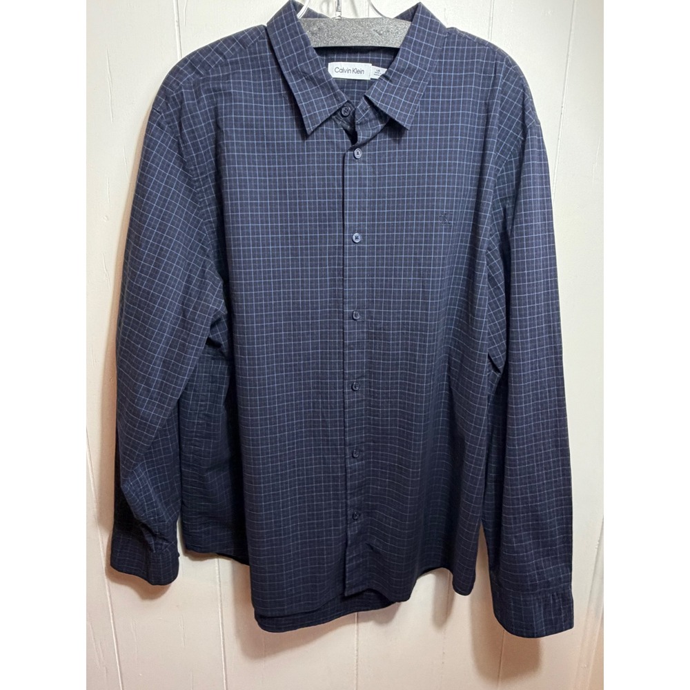 Calvin Klein Mens Navy Blue Grid Check Long Sleeve Stretch Button Down Shirt L